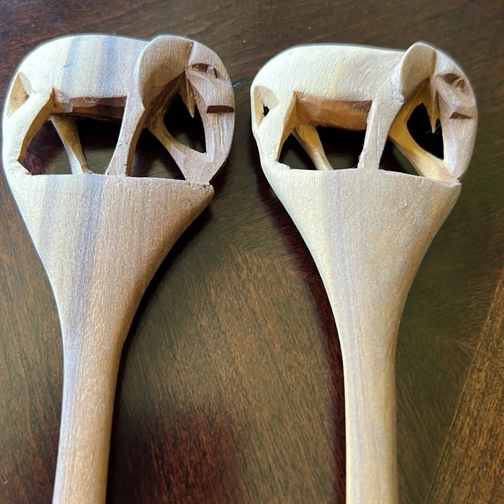 Vintage Small Wooden salad servers carved Elephant design